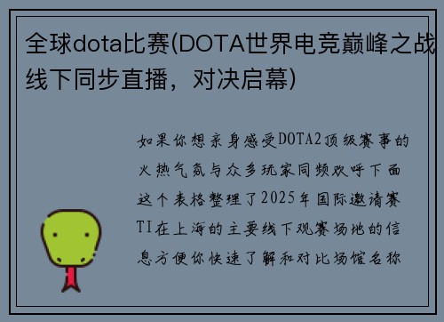 全球dota比赛(DOTA世界电竞巅峰之战线下同步直播，对决启幕)